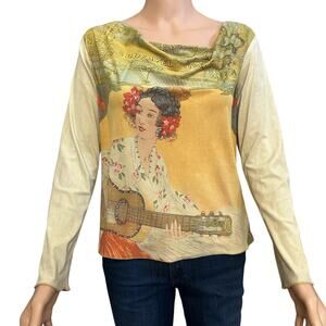 90s VTG White House Black Market Art Print Faux Suede Top Medium Lady Rhinestone